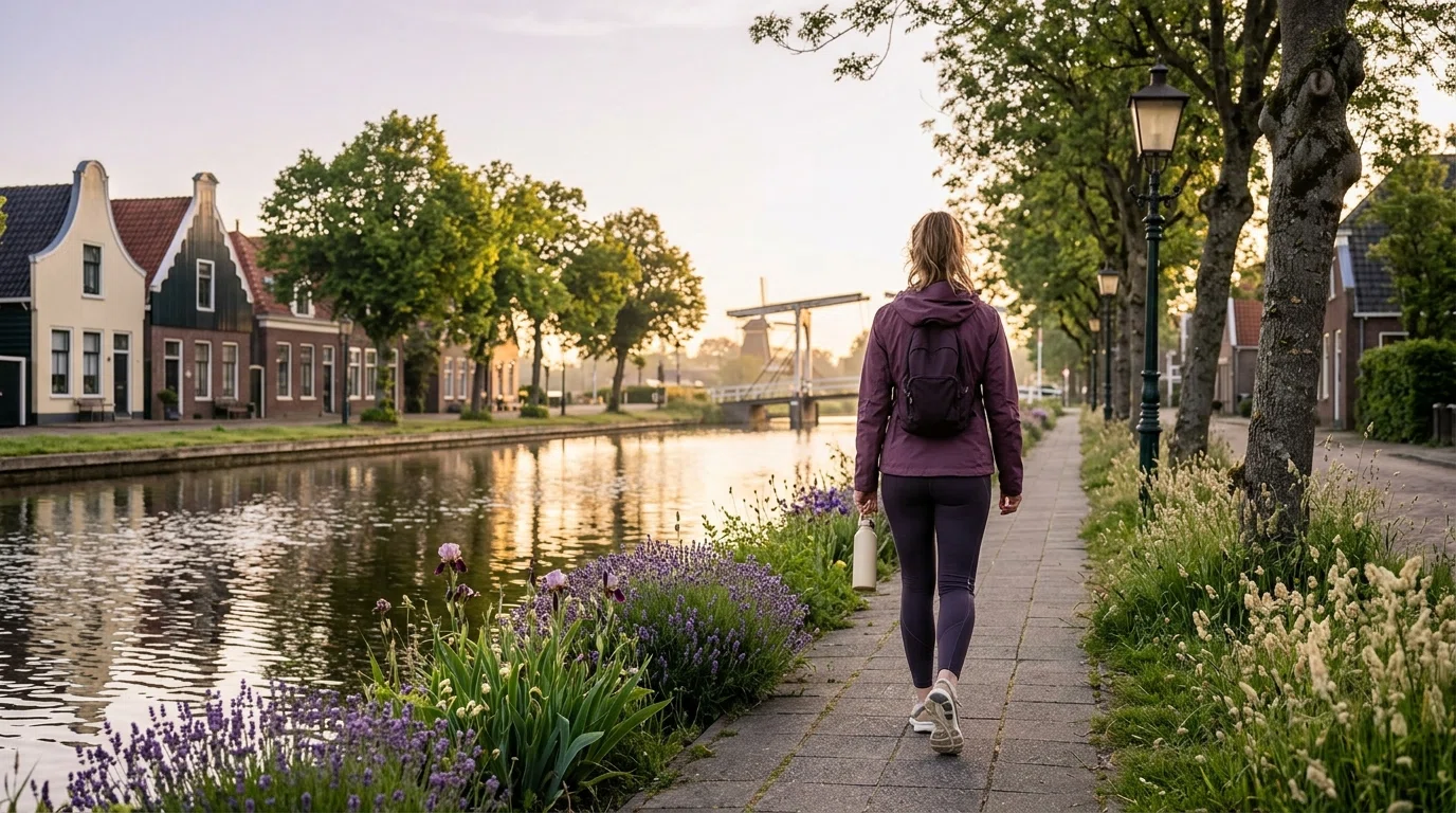 Persoon wandelt op een schilderachtig Hollands kanaalpad in de ochtend