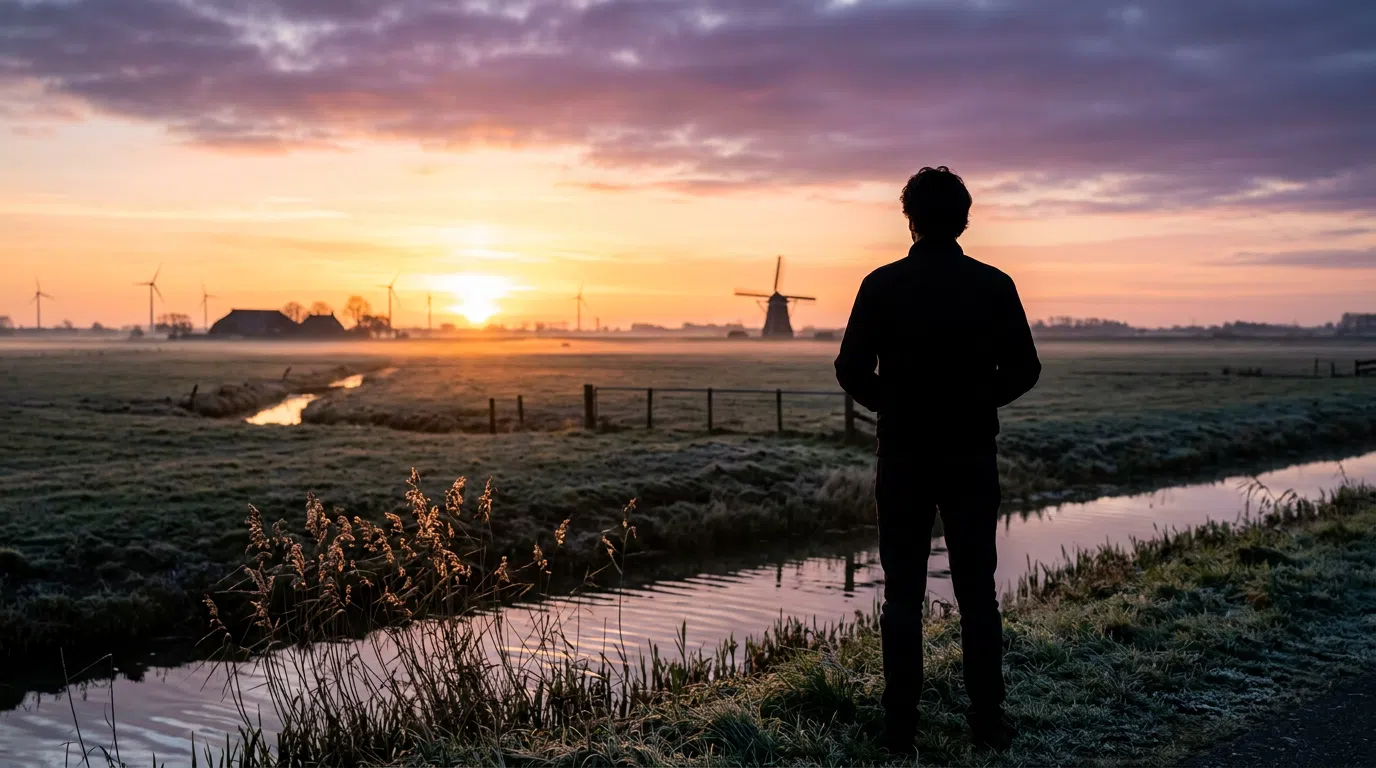 Silhouet van persoon die uitkijkt over een Nederlands poldergebied bij zonsopgang