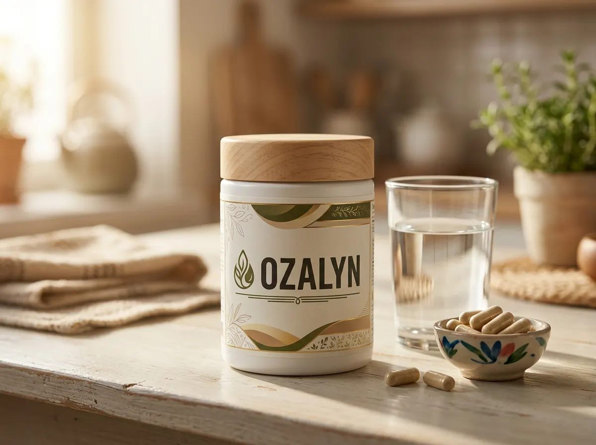 Ozalyn supplement fles met botanische bladeren op crème achtergrond